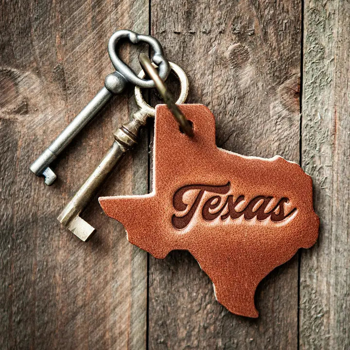 Texas Silhouette Script Leather Keychain